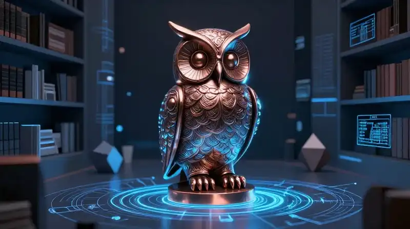 Ornate copper owl bathed in glowing blue light within a geometric archive