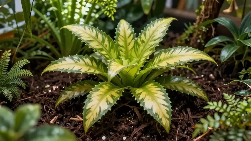 A vibrant Orlaya plant flourishes within a detailed lush terrarium