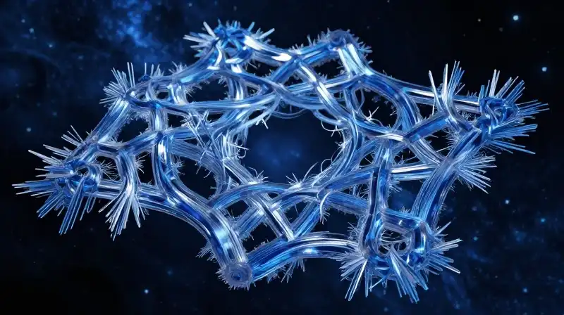 Intricate blue crystal lattice glowing in deep cosmic space