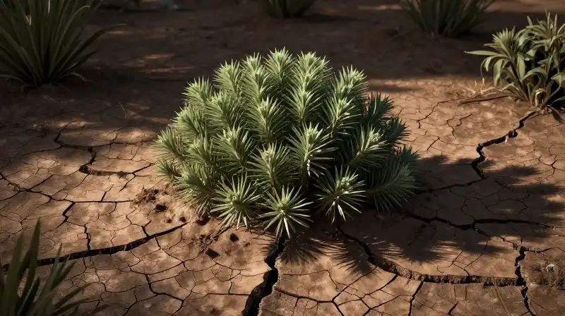 Resilient vegetation thrives across a deeply cracked, severe desert landscape