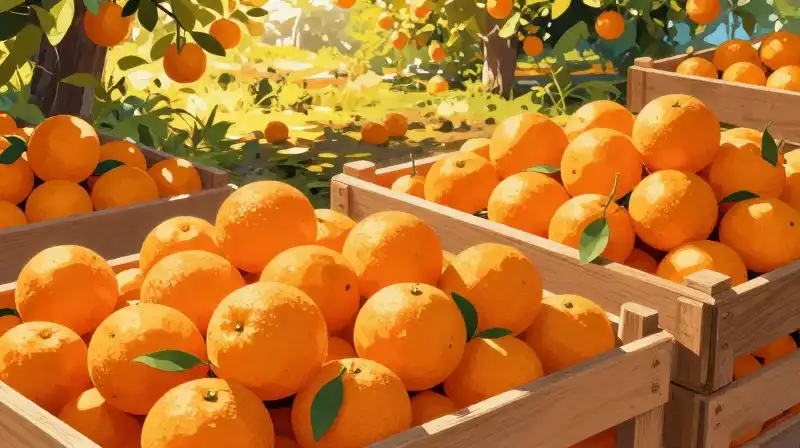 Vibrant oranges overflow wooden crates bathed in bright golden sunlight