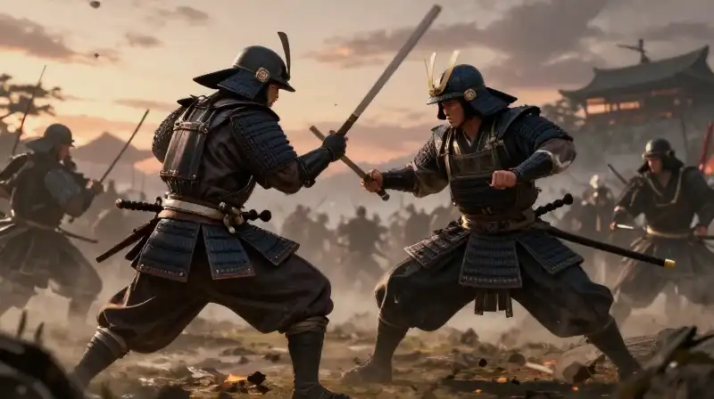 A fierce samurai clash erupt amidst a misty Japanese twilight
