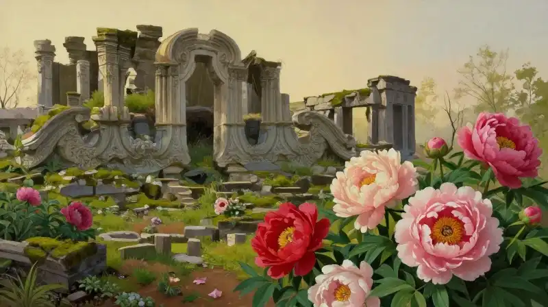 Vibrant peonies bloom amidst ancient, mossy stone ruins during golden hour
