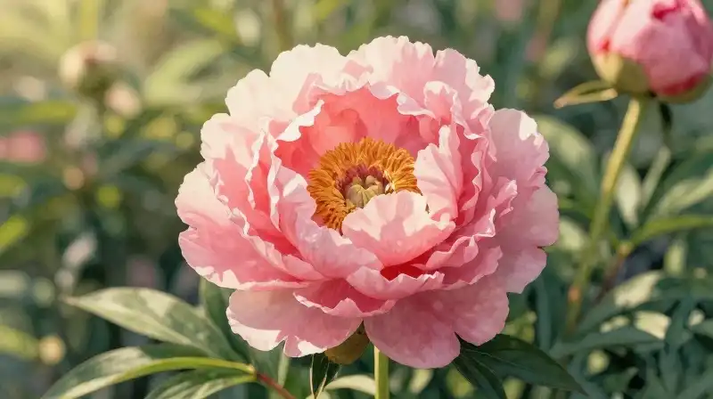 Ruffled pink peony glows in a lush golden garden