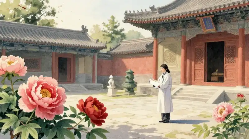 Sunlit figure lovingly tends vibrant peonies in an ancient courtyard
