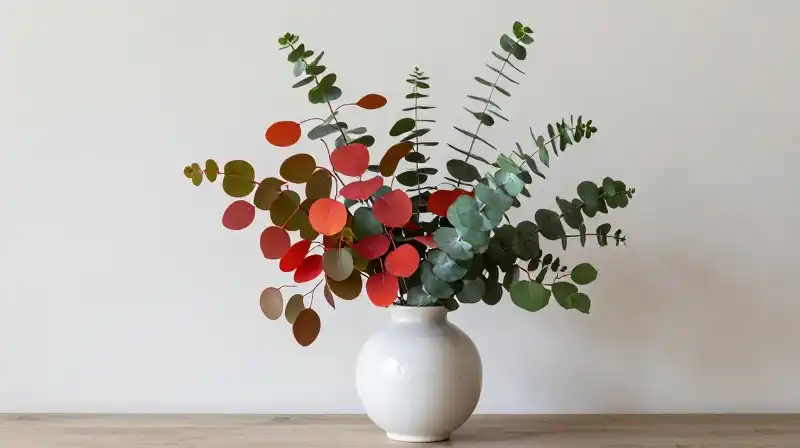 Vibrant eucalyptus foliage fills a simple ceramic vase under soft light