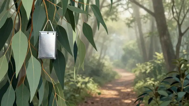 Silver boxes rest among lush eucalyptus in the foggy forest