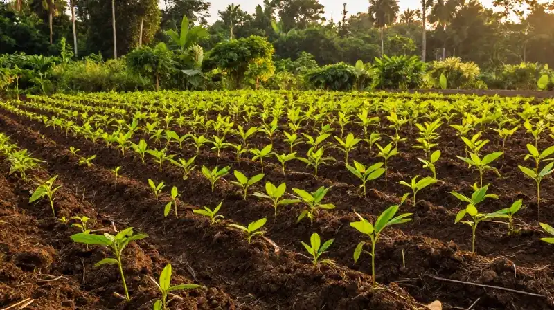 Young green pawpaw plants grow in a dense, golden jungle plot