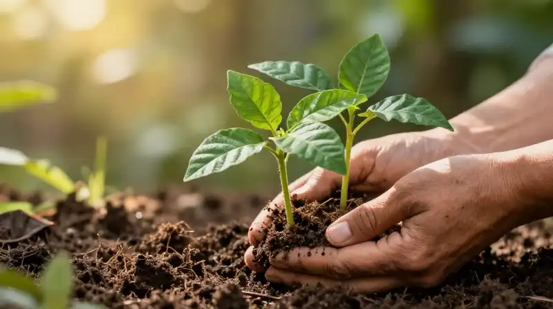 Weathered hands gently hold bright green seedlings in rich, sunlit soil