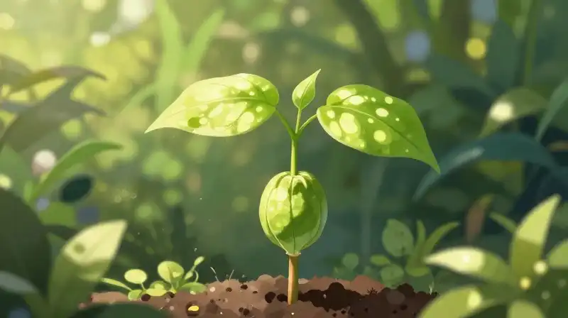 Bright dappled light warms a tender pawpaw seedling in a lush garden