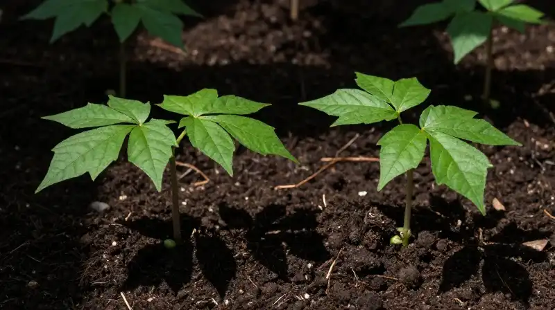 Vibrant green pawpaw seedlings emerge from rich, dark earth
