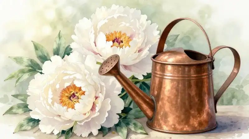 Watercolor lush peony receiving gentle morning water from copper can