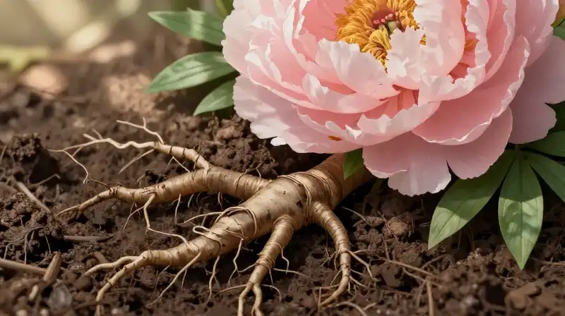 White peony roots emerge from moist soil under dappled sun
