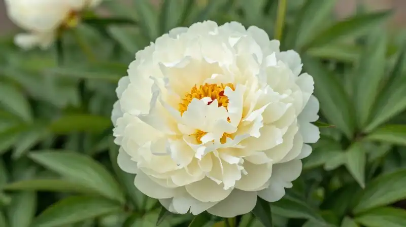 Creamy double peonies bloom brightly in a lush morning garden