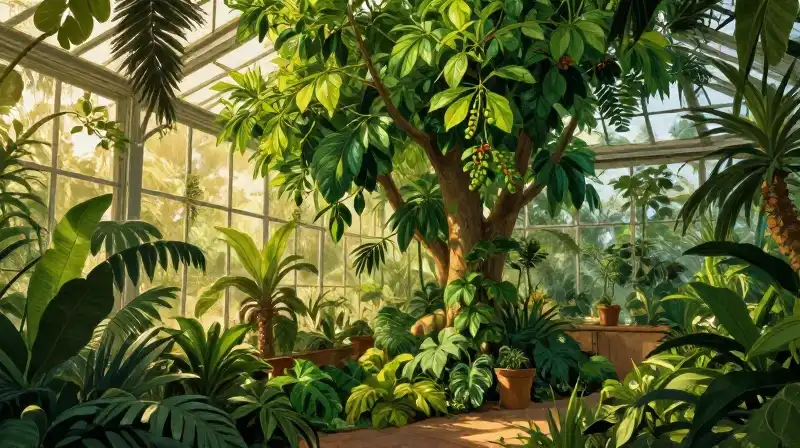 Lush green pepper trees are bathed in glowing golden light