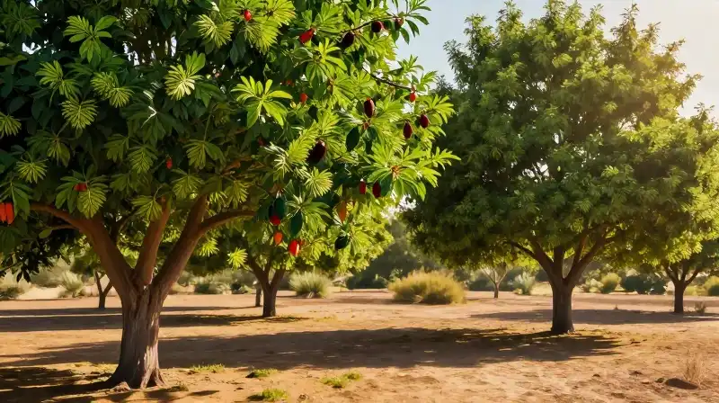 Vibrant California pepper trees lit by warm, golden sunset