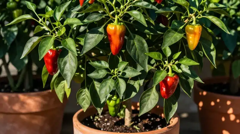 Lush pepper plants in terracotta pots bathed in dappled sunlight