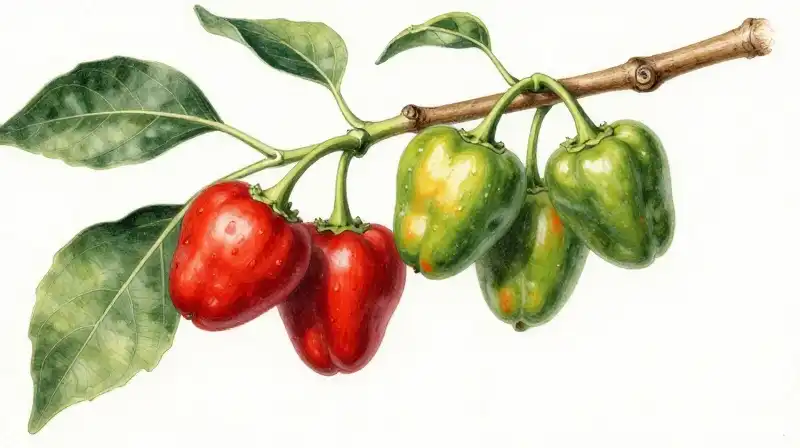 Detailed scientific drawing of a pepper branch with vibrant red and green fruits
