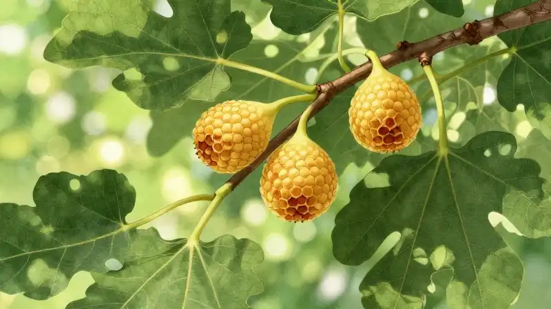 Golden honey figs hang among a lush green canopy under soft sunlight
