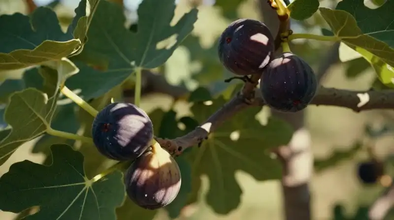 Purple figs hang from lush branches in warm dappled light