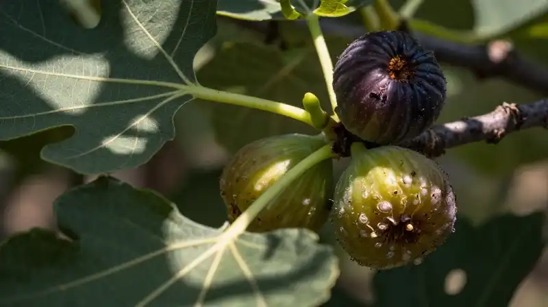 Close-up of figs with pests under dramatic dappled sunlight