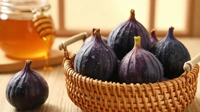 Ripe black figs drip golden honey in a warm wicker basket
