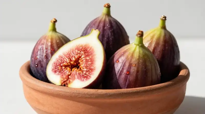 Vibrant golden figs rest in a rough terracotta bowl