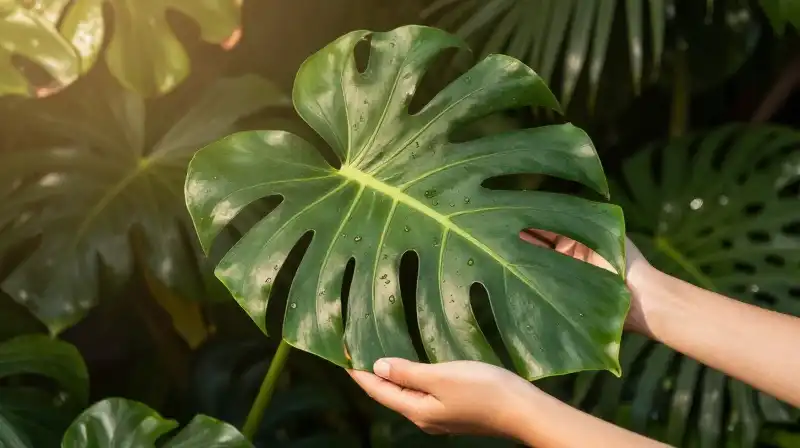 Hands support a giant, detailed philodendron leaf bathed in warm golden sunlight