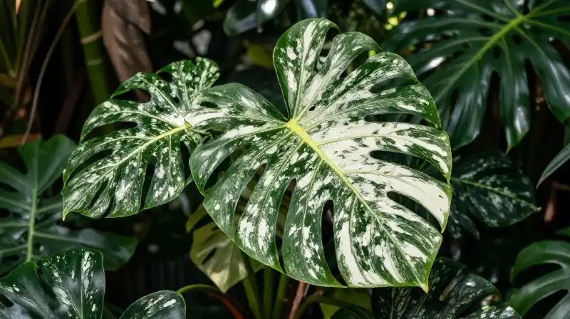 A giant white-variegated leaf glows amidst the lush jungle