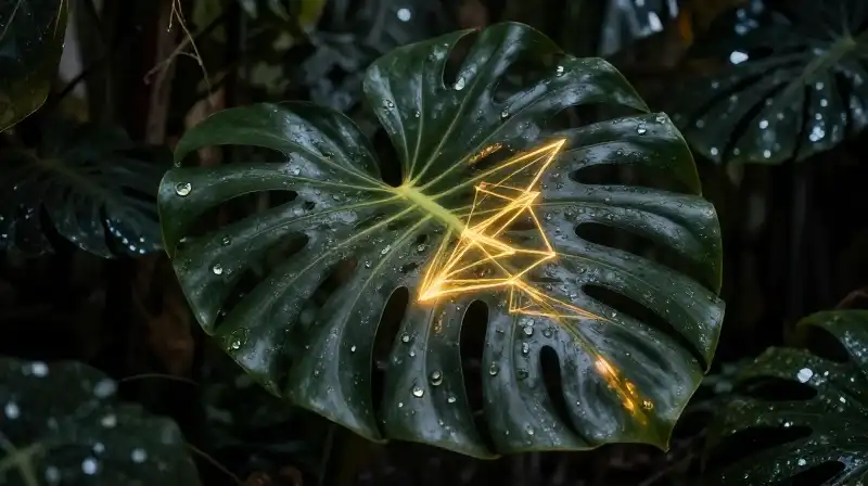Giant leaf glows with intricate golden patterns in the humid dark