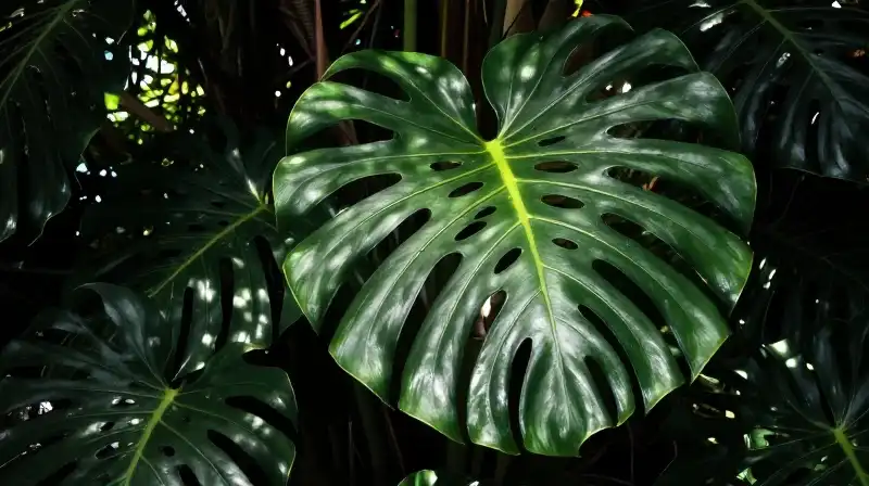 A huge, detailed philodendron is dramatically illuminated by jungle sunlight