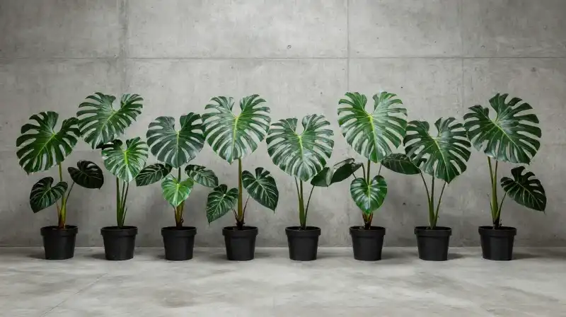Vibrant green Philodendron leaves sit within a sterile concrete grid