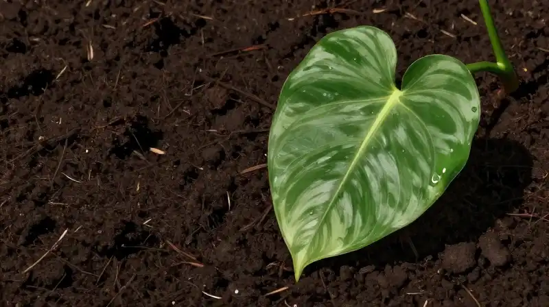 Sunlight illuminates a lush philodendron growing in dark, wet soil