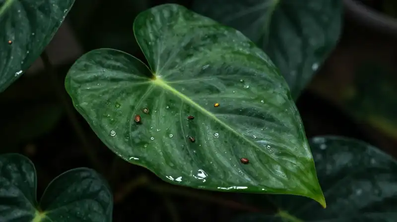 A glistening philodendron stalk, riddled with microscopic pests, bathed in dramatic greenhouse light