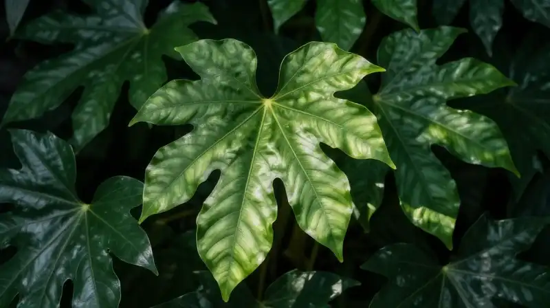 Vibrant green Philodendron leaves bathed in soft dappled sunlight