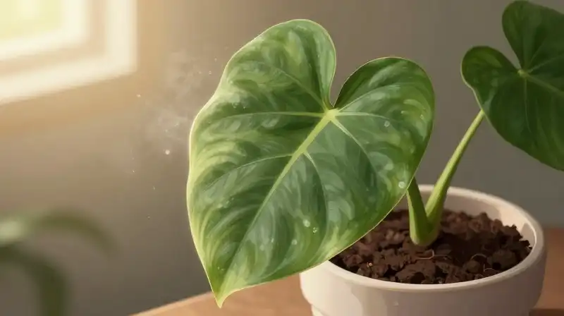 A large green philodendron leaf sits glistening in warm morning light and gentle mist