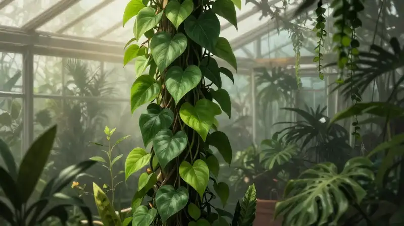 Lush, dramatic green vines grow within a misty botanical greenhouse