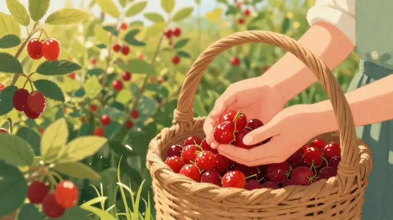 Golden hour bathes hands filling a rustic basket with red berries