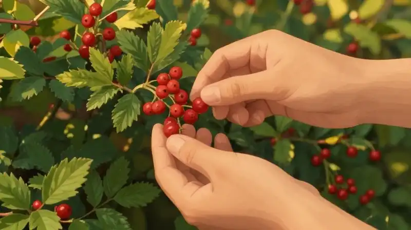 Hands harvest vibrant red berries from lush green bushes