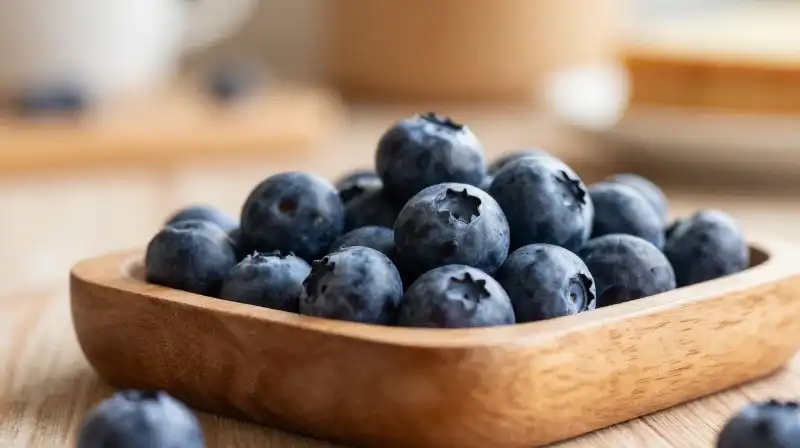 A wooden tray filled with blueberries sits in a warm, rustic kitchen