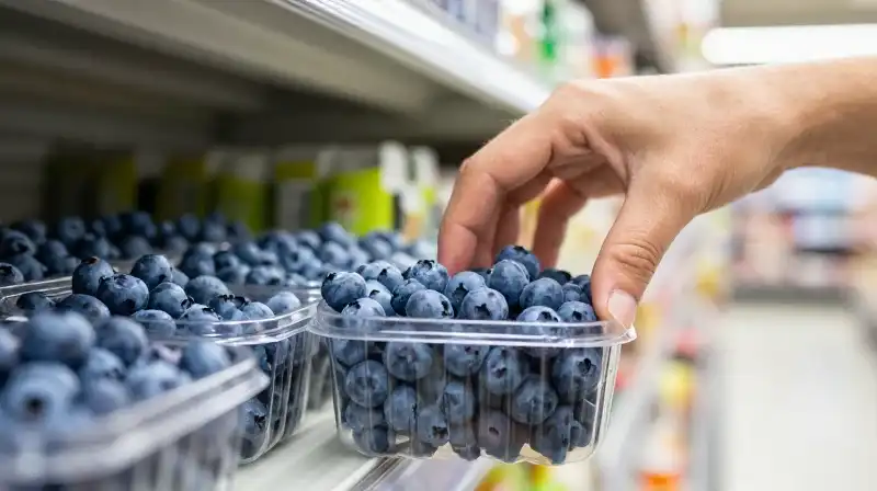 A hand reaches for fresh blueberries in a brightly lit store aisle