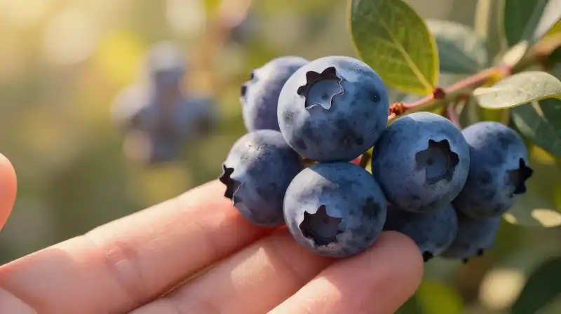 Ripe blueberries are held beneath glowing golden hour light