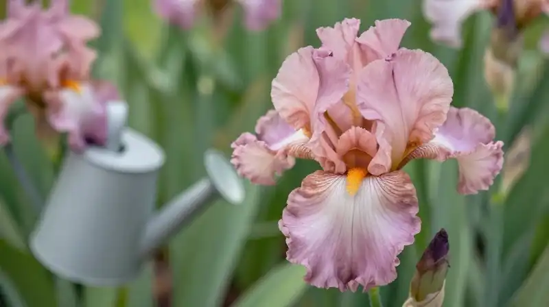 Delicate pink irises bloom brightly in a lush, sunlit garden
