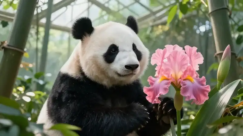 A giant panda peers curiously at a pink luminous flower within a greenhouse
