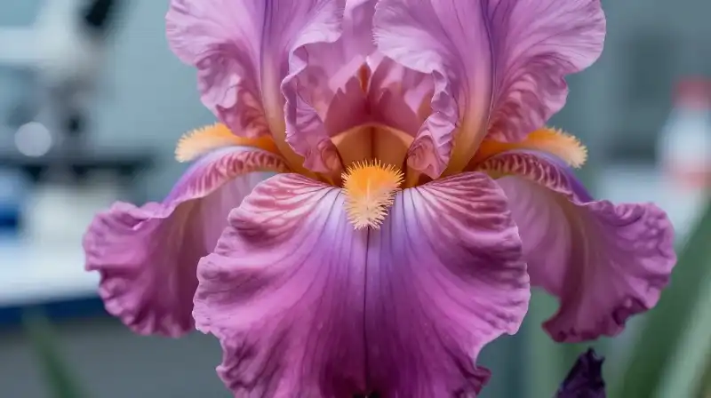 Vibrant pink iris glows within a magnified laboratory setting