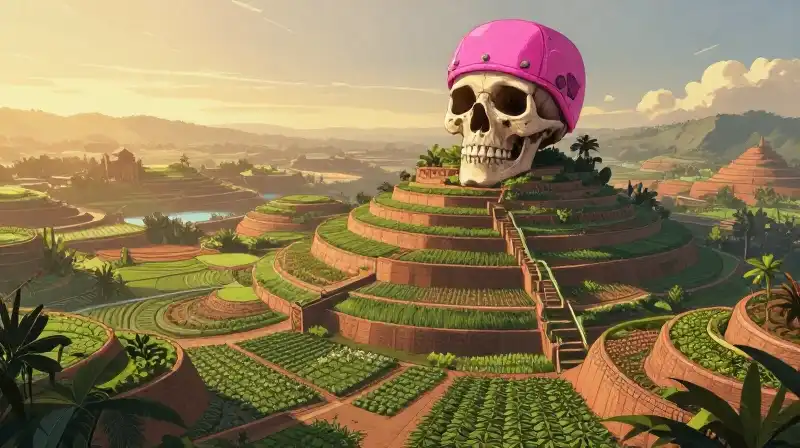 A figure in a pink skullcap stands on warm, terraced fields