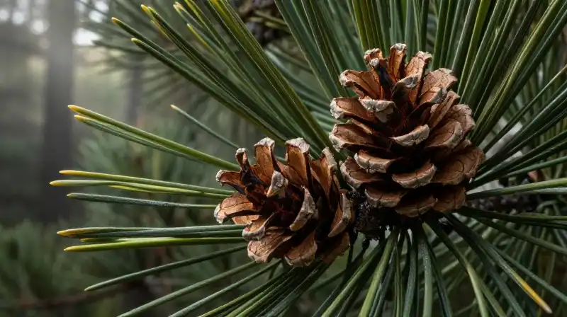 Detailed pine cone and needles under misty, dappled forest sunlight