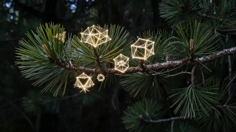 A gnarled pine branch glows with complex geometric data in a dark forest