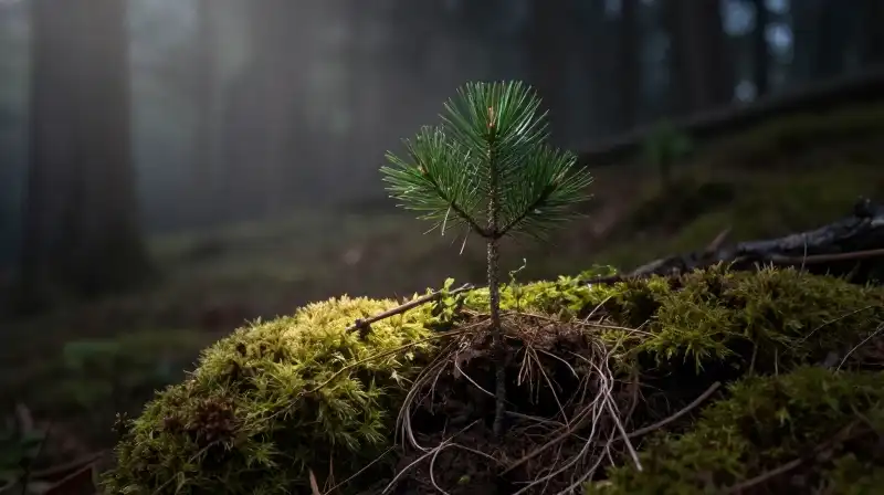 A small green pine sapling stands in a misty, dark forest
