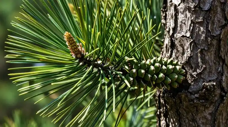 Dappled sunlight illuminates a textured dark cone surrounded by vibrant green needles